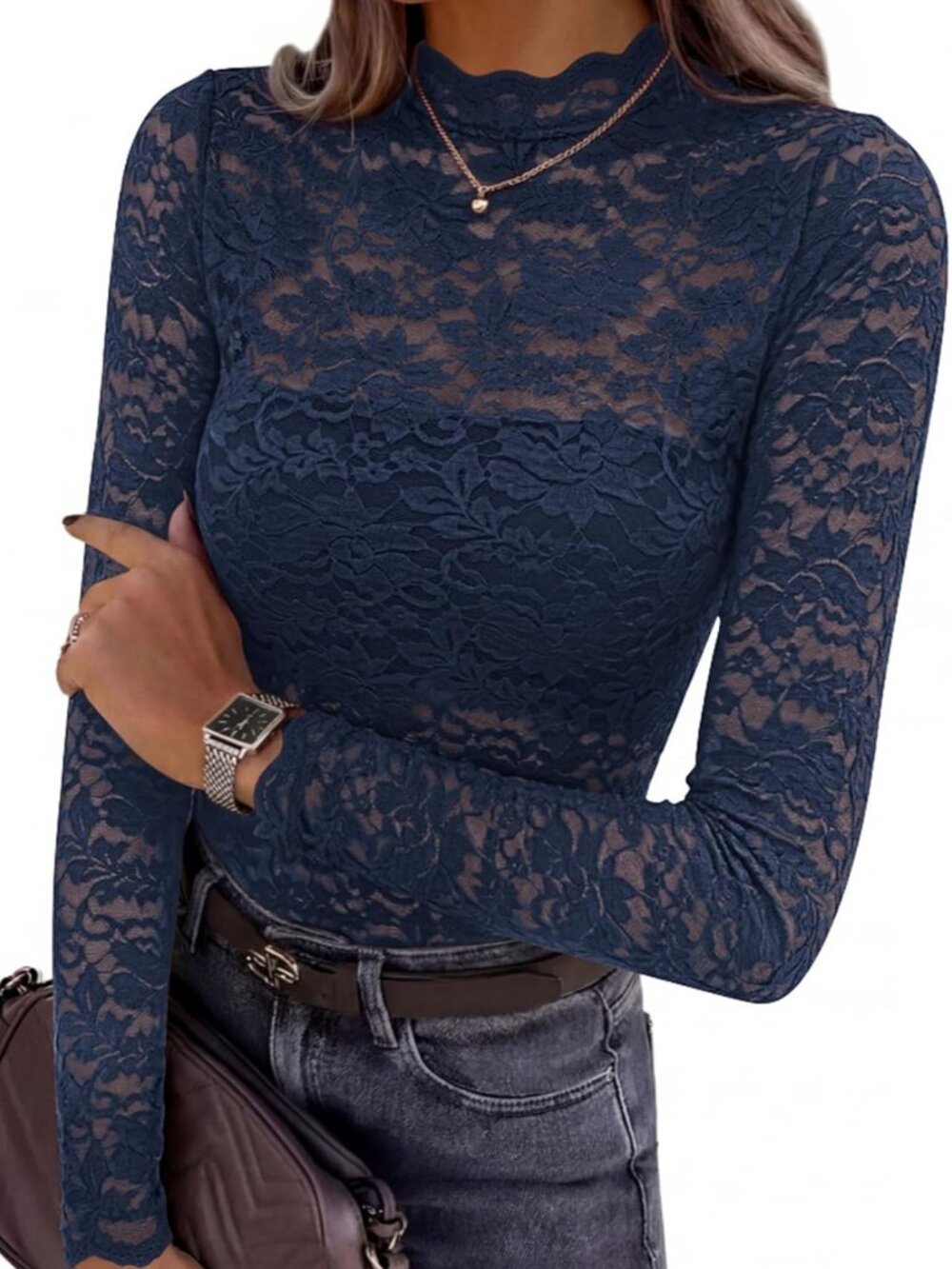 Lace Long Sleeve Sheer Mesh Blouse for Women - Elegant Top for Any Occasion